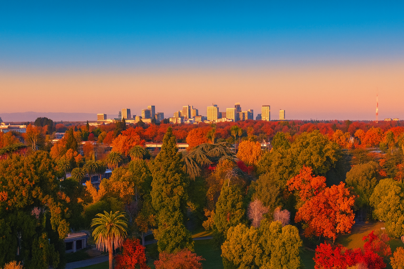 East Sacramento tree canopy in fall with the downtown Sacramento skyline at sunset